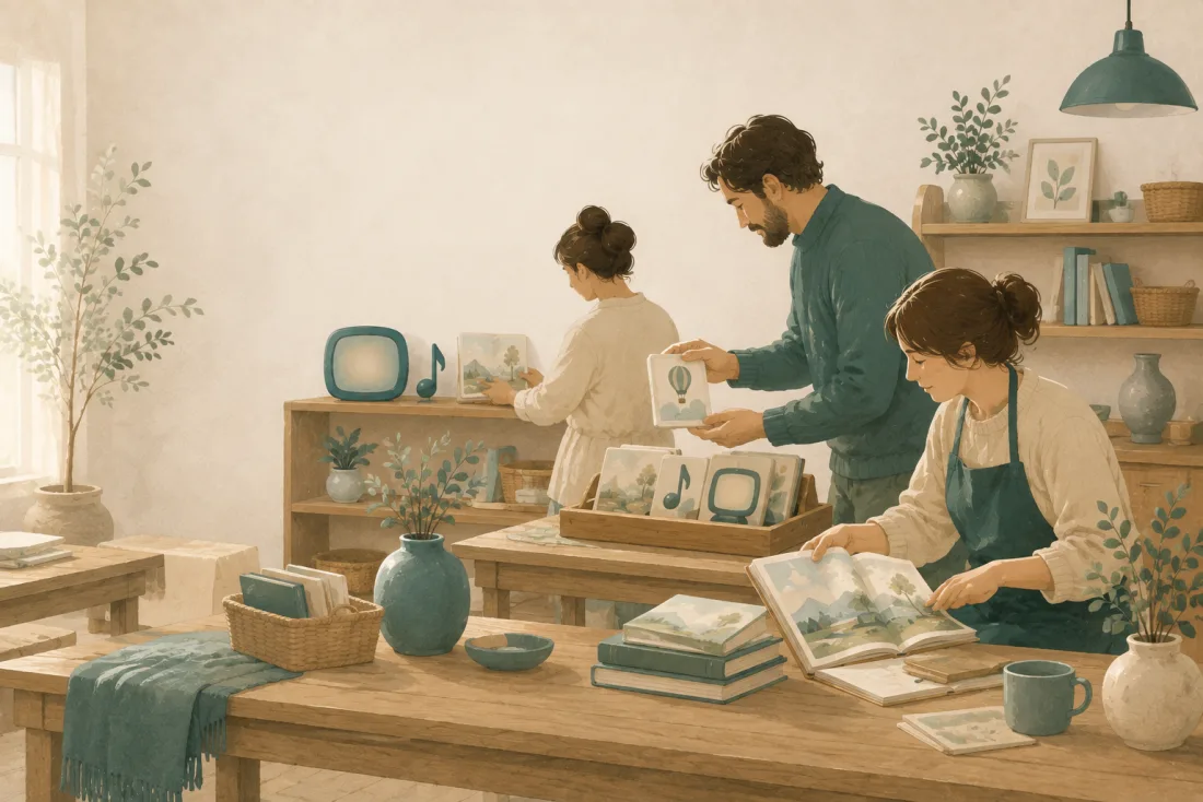 A father and mother arranging picture cards with their child at a wooden craft table.