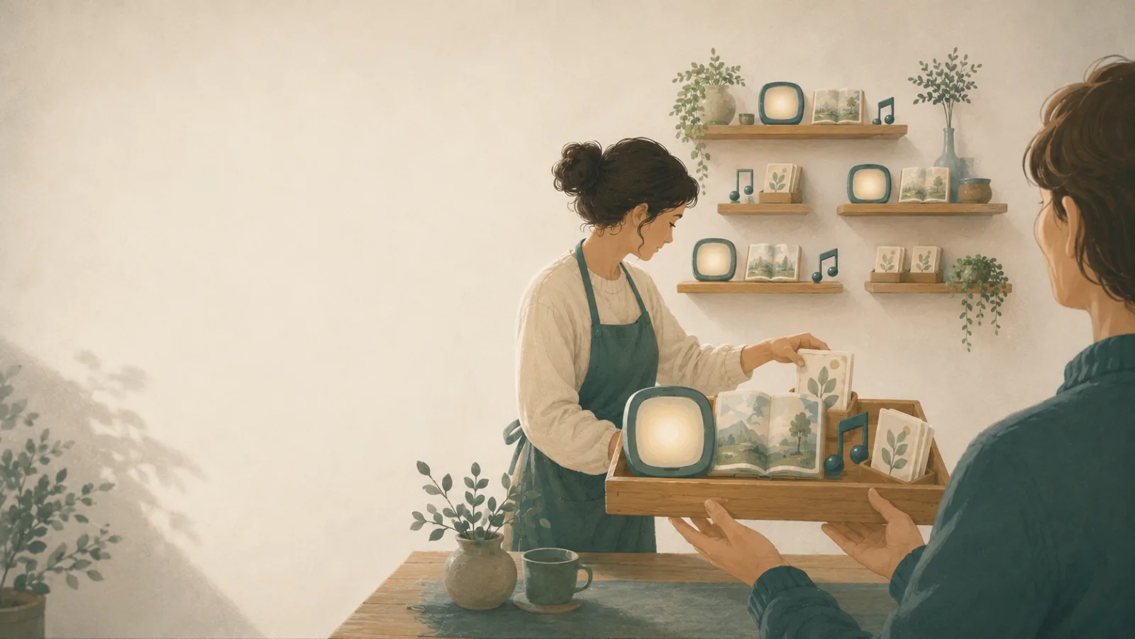 A verified curator in an apron arranging a few chosen books, songs, and picture cards onto a small wooden tray, handing it toward a parent whose hands receive it.