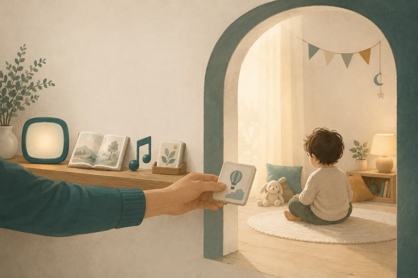 A parent’s hand offering a picture card to a child sitting calmly in a playroom beyond an arched doorway.