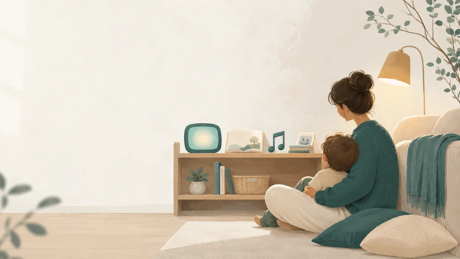 A parent and small child sitting together on the floor by a low shelf in a warm, softly-lit room.