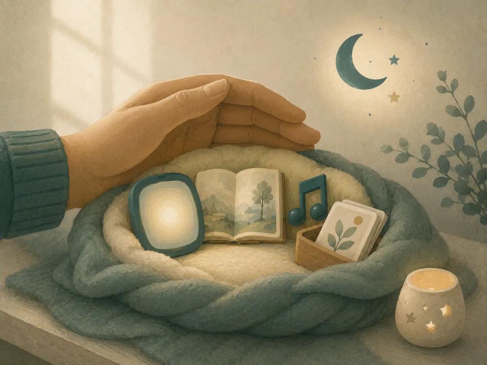 Two cupped hands sheltering a small nest of a glowing player, storybook, music note and cards under a crescent moon.