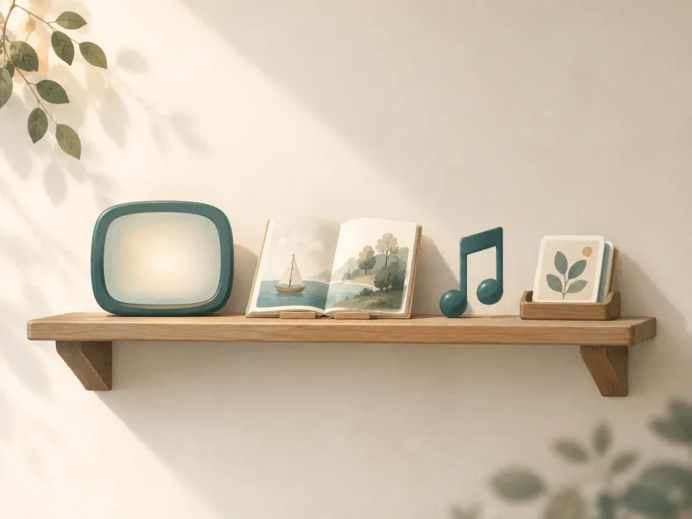 A wooden shelf holding a glowing player, an open storybook, a music note, and a set of cards.