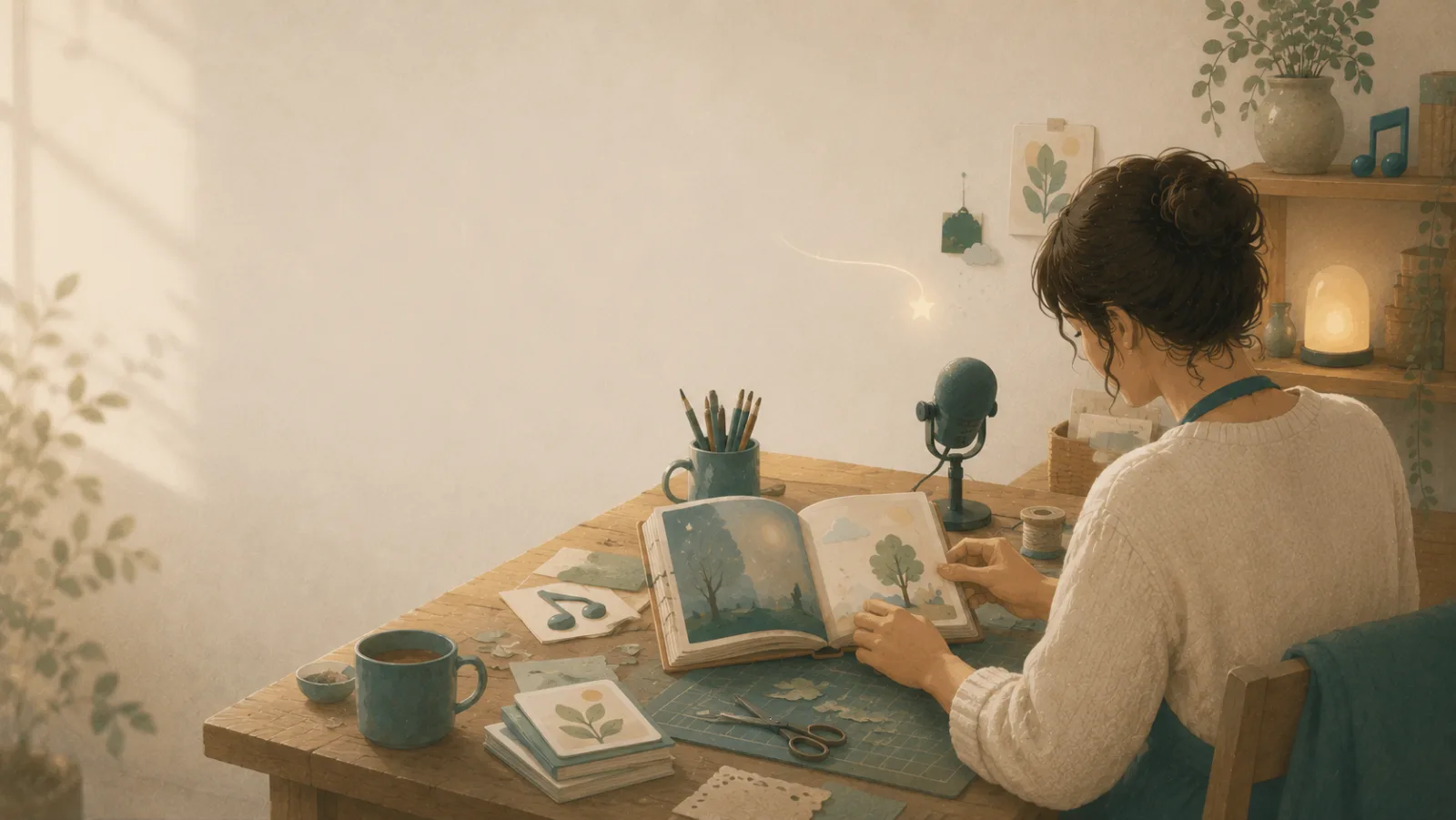 A parent at a sunlit wooden workbench, gently hand-making a small illustrated storybook beside a microphone and craft cards, with a faint wisp of helper light in the background.